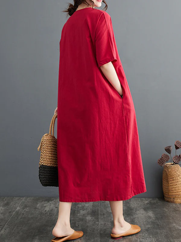 A-Line Loose Chinese Frog Buttons Pockets Solid Color Split-Side V-Neck Midi Dresses - Image 16