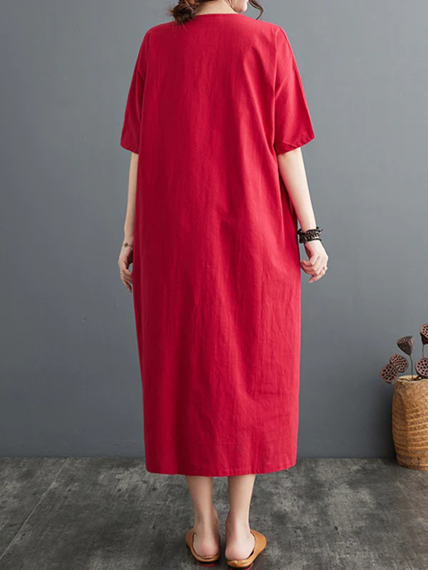 A-Line Loose Chinese Frog Buttons Pockets Solid Color Split-Side V-Neck Midi Dresses - Image 17