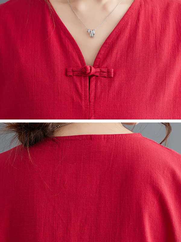 A-Line Loose Chinese Frog Buttons Pockets Solid Color Split-Side V-Neck Midi Dresses - Image 18