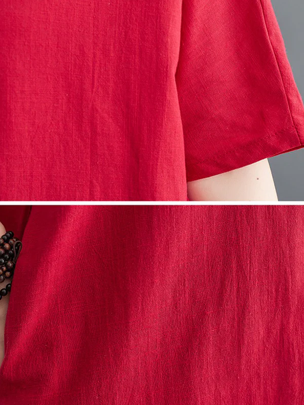 A-Line Loose Chinese Frog Buttons Pockets Solid Color Split-Side V-Neck Midi Dresses - Image 19