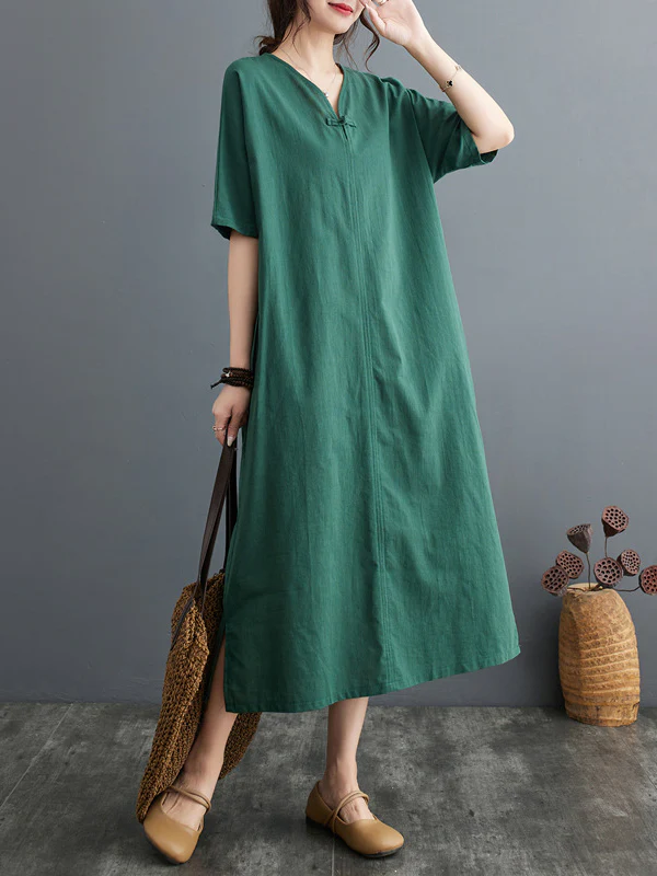 A-Line Loose Chinese Frog Buttons Pockets Solid Color Split-Side V-Neck Midi Dresses - Image 2
