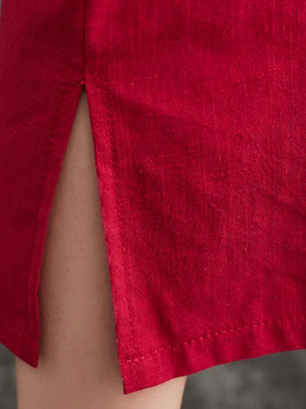 A-Line Loose Chinese Frog Buttons Pockets Solid Color Split-Side V-Neck Midi Dresses - Image 20