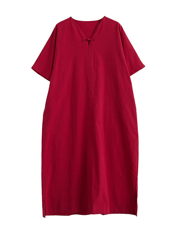 A-Line Loose Chinese Frog Buttons Pockets Solid Color Split-Side V-Neck Midi Dresses - Image 21