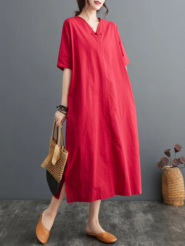 A-Line Loose Chinese Frog Buttons Pockets Solid Color Split-Side V-Neck Midi Dresses - Image 3