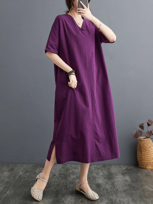 A-Line Loose Chinese Frog Buttons Pockets Solid Color Split-Side V-Neck Midi Dresses - Image 4