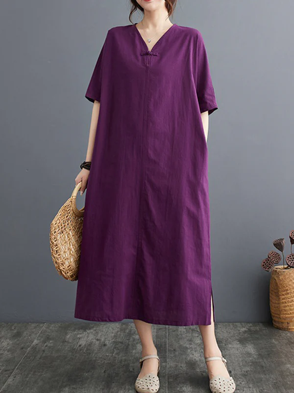 A-Line Loose Chinese Frog Buttons Pockets Solid Color Split-Side V-Neck Midi Dresses - Image 5