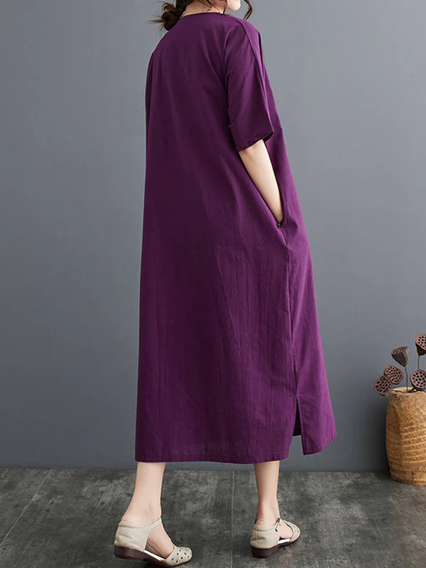 A-Line Loose Chinese Frog Buttons Pockets Solid Color Split-Side V-Neck Midi Dresses - Image 6