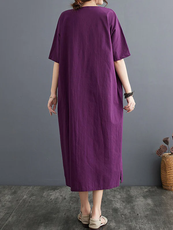 A-Line Loose Chinese Frog Buttons Pockets Solid Color Split-Side V-Neck Midi Dresses - Image 7