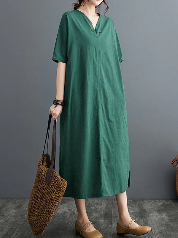 A-Line Loose Chinese Frog Buttons Pockets Solid Color Split-Side V-Neck Midi Dresses - Image 8