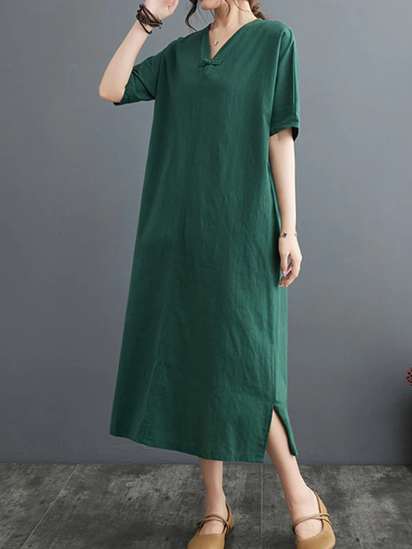 A-Line Loose Chinese Frog Buttons Pockets Solid Color Split-Side V-Neck Midi Dresses - Image 9