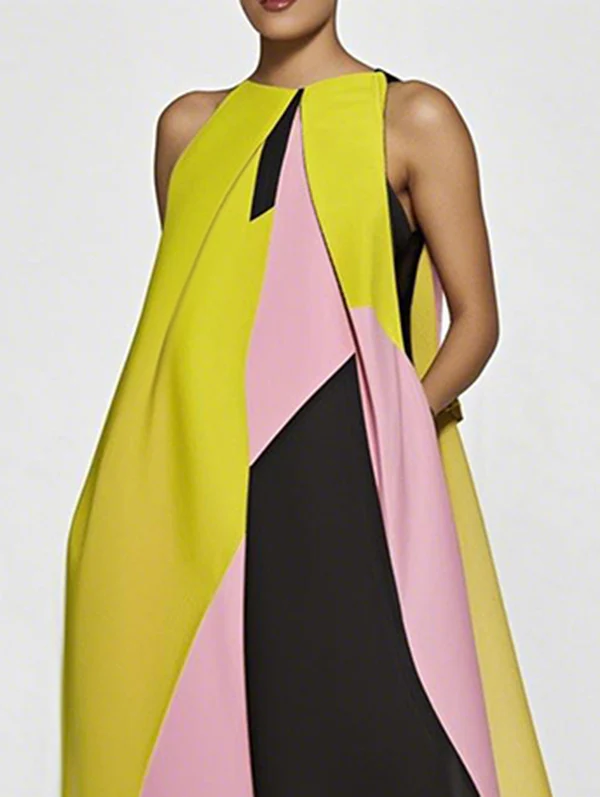 A-Line Loose Color-Block Pleated Split-Joint Round-Neck Maxi Dresses - Image 2