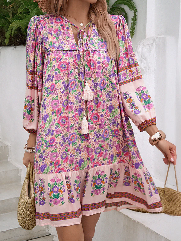 A-Line Loose Contrast Color Drawstring Flower Print Pleated Split-Joint V-Neck Mini Dresses - Image 11