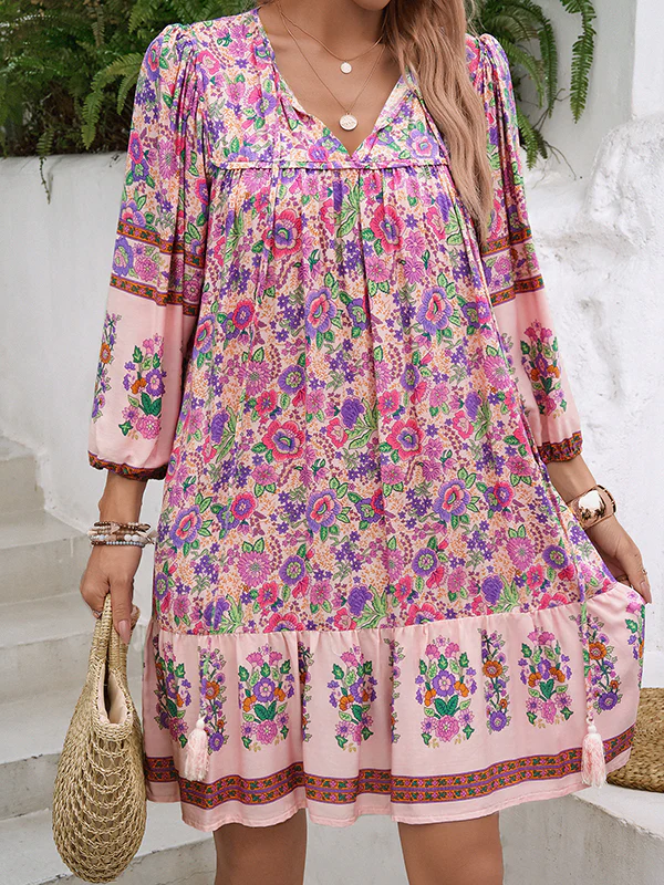 A-Line Loose Contrast Color Drawstring Flower Print Pleated Split-Joint V-Neck Mini Dresses - Image 12