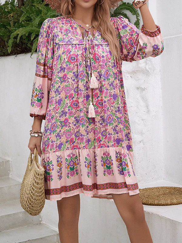 A-Line Loose Contrast Color Drawstring Flower Print Pleated Split-Joint V-Neck Mini Dresses - Image 13