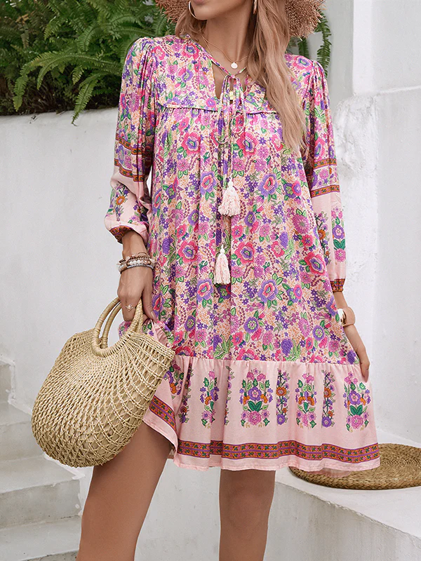 A-Line Loose Contrast Color Drawstring Flower Print Pleated Split-Joint V-Neck Mini Dresses - Image 14