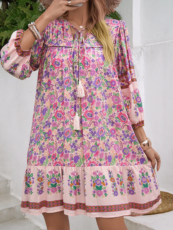 A-Line Loose Contrast Color Drawstring Flower Print Pleated Split-Joint V-Neck Mini Dresses - Image 2