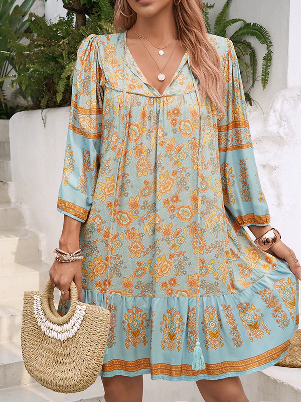 A-Line Loose Contrast Color Drawstring Flower Print Pleated Split-Joint V-Neck Mini Dresses - Image 3