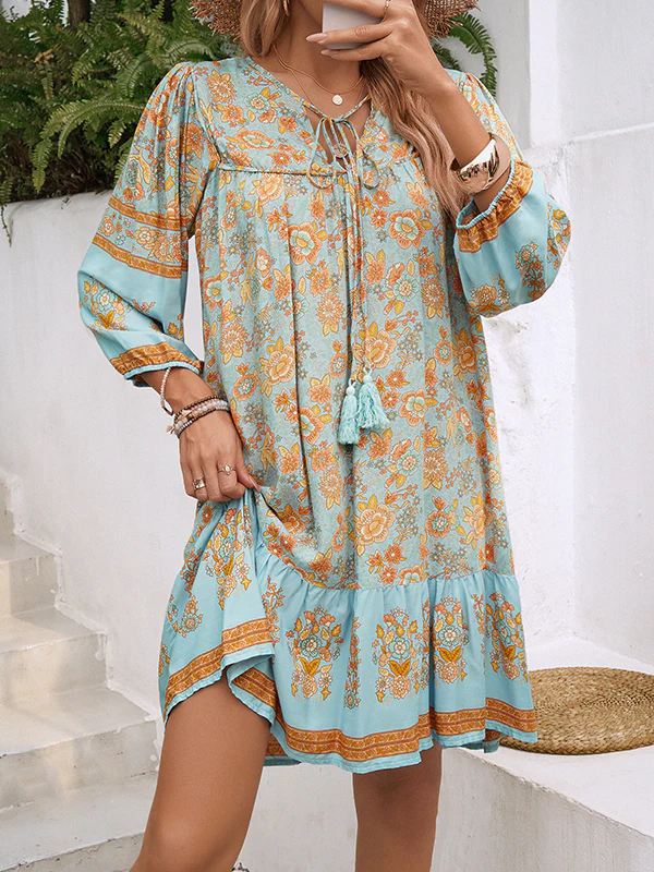 A-Line Loose Contrast Color Drawstring Flower Print Pleated Split-Joint V-Neck Mini Dresses - Image 4