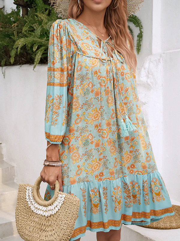 A-Line Loose Contrast Color Drawstring Flower Print Pleated Split-Joint V-Neck Mini Dresses - Image 6