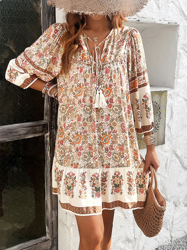 A-Line Loose Contrast Color Drawstring Flower Print Pleated Split-Joint V-Neck Mini Dresses - Image 7