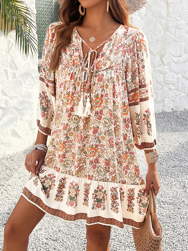 A-Line Loose Contrast Color Drawstring Flower Print Pleated Split-Joint V-Neck Mini Dresses - Image 8