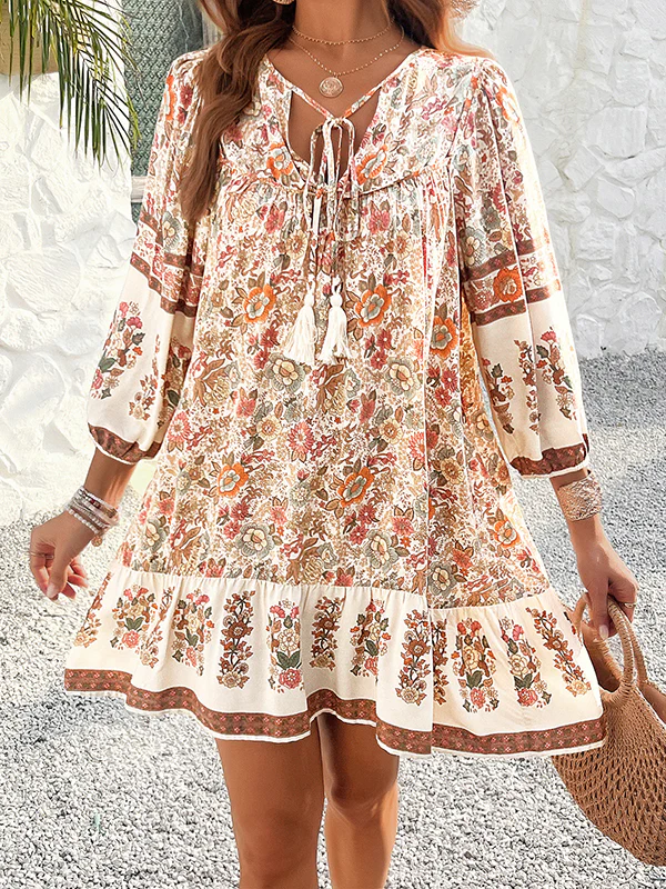 A-Line Loose Contrast Color Drawstring Flower Print Pleated Split-Joint V-Neck Mini Dresses - Image 9