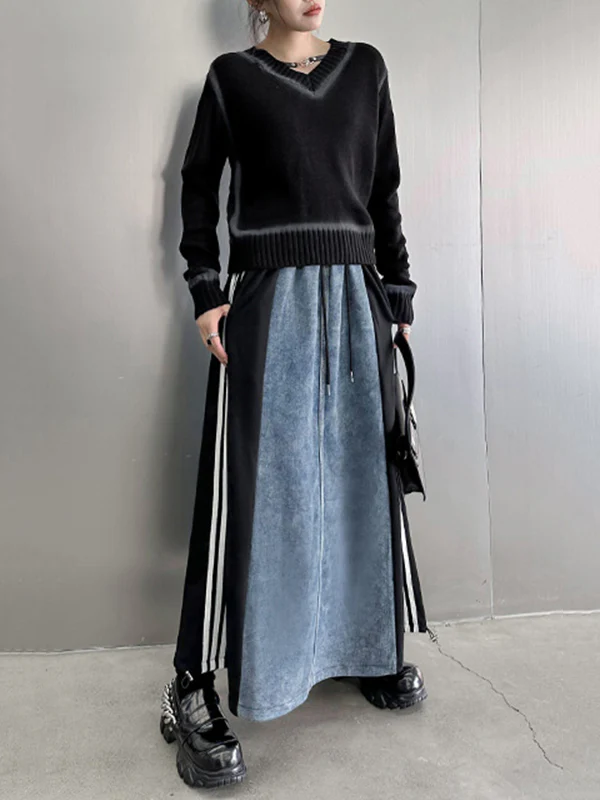 A-Line Loose Contrast Color Drawstring Split-Joint Striped Skirts Bottoms - Image 10