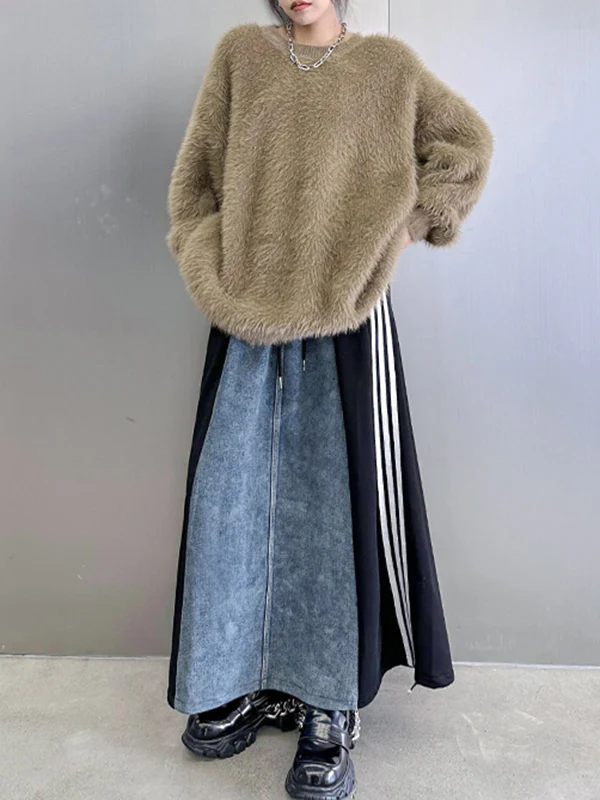 A-Line Loose Contrast Color Drawstring Split-Joint Striped Skirts Bottoms - Image 11