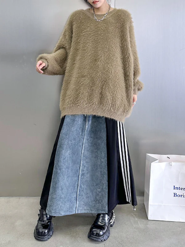 A-Line Loose Contrast Color Drawstring Split-Joint Striped Skirts Bottoms - Image 12