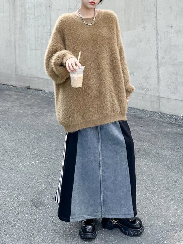A-Line Loose Contrast Color Drawstring Split-Joint Striped Skirts Bottoms - Image 13