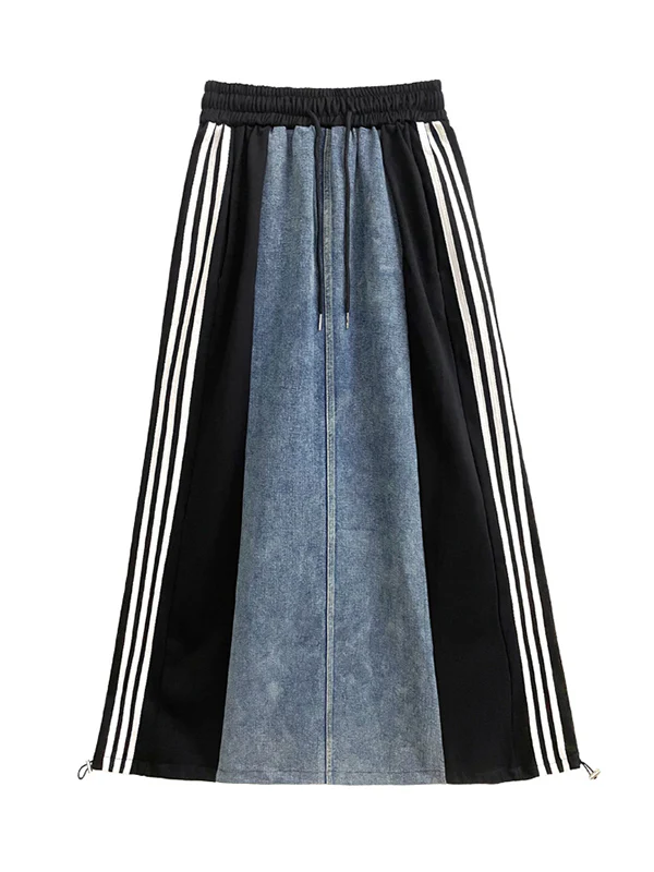 A-Line Loose Contrast Color Drawstring Split-Joint Striped Skirts Bottoms - Image 14