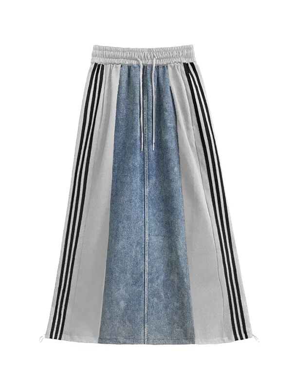 A-Line Loose Contrast Color Drawstring Split-Joint Striped Skirts Bottoms - Image 15