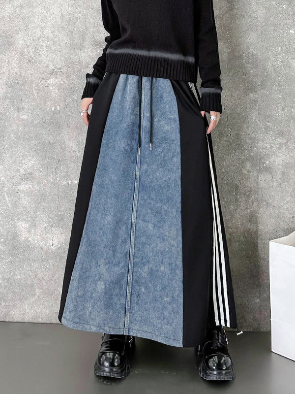 A-Line Loose Contrast Color Drawstring Split-Joint Striped Skirts Bottoms - Image 2