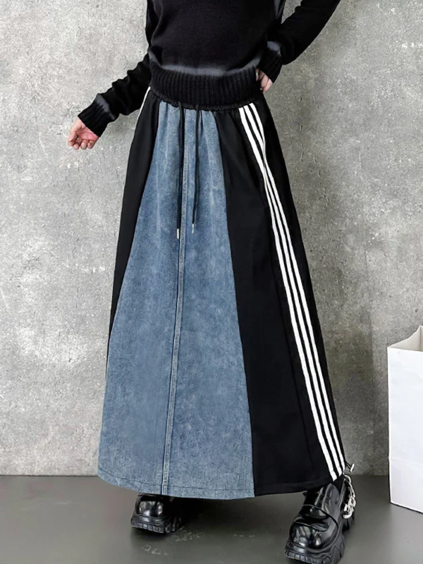 A-Line Loose Contrast Color Drawstring Split-Joint Striped Skirts Bottoms - Image 3