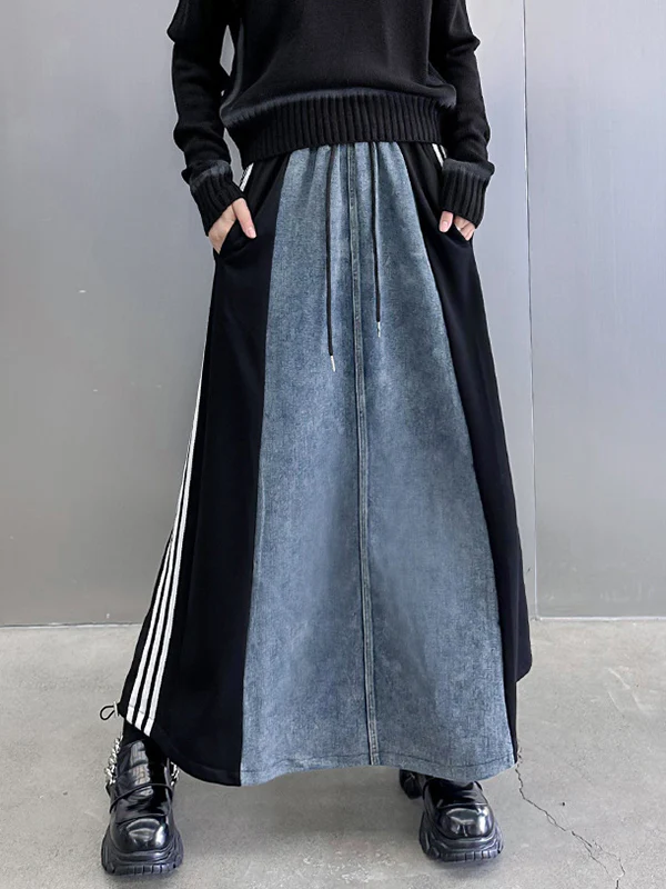 A-Line Loose Contrast Color Drawstring Split-Joint Striped Skirts Bottoms - Image 4