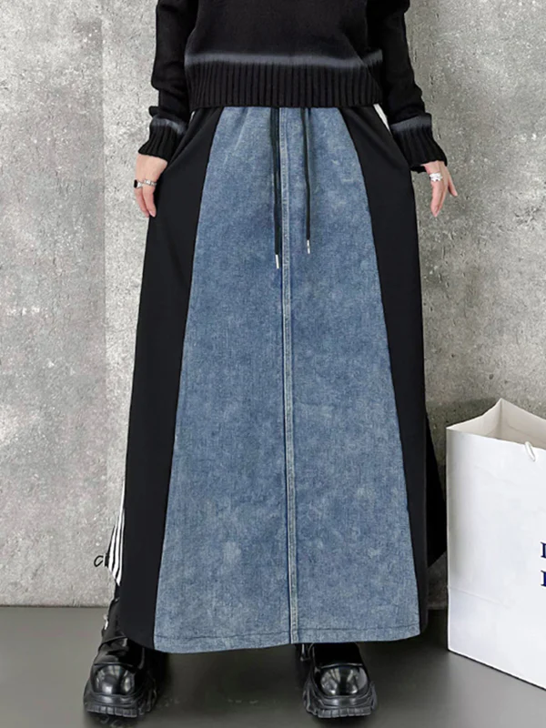 A-Line Loose Contrast Color Drawstring Split-Joint Striped Skirts Bottoms - Image 5