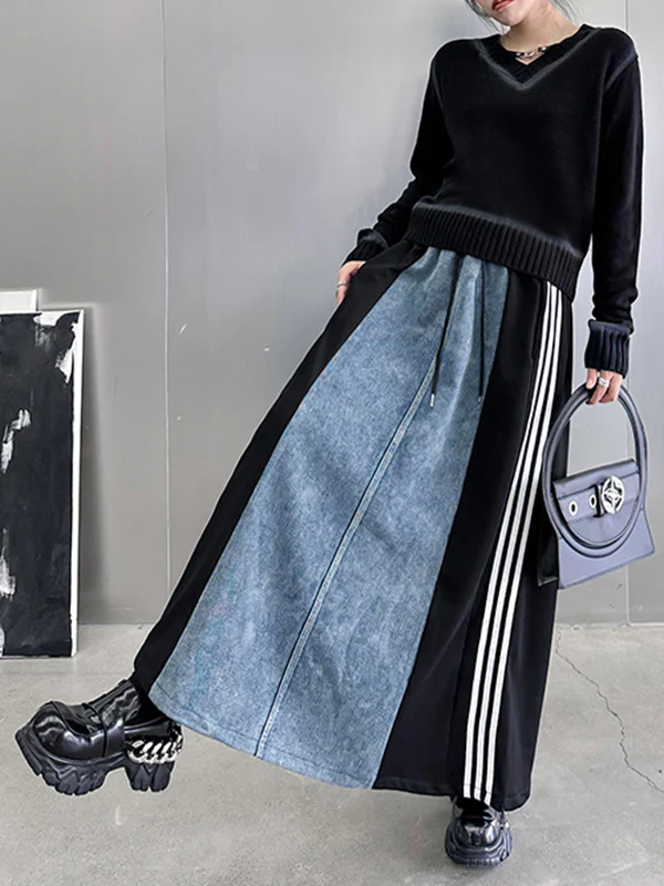 A-Line Loose Contrast Color Drawstring Split-Joint Striped Skirts Bottoms - Image 7