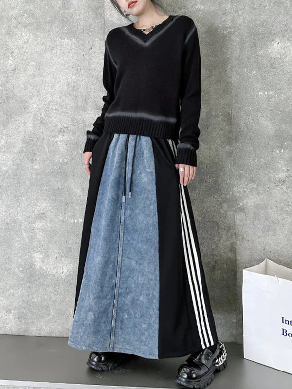 A-Line Loose Contrast Color Drawstring Split-Joint Striped Skirts Bottoms - Image 8