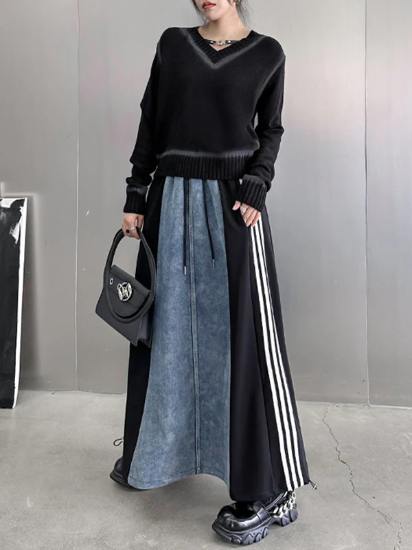 A-Line Loose Contrast Color Drawstring Split-Joint Striped Skirts Bottoms - Image 9