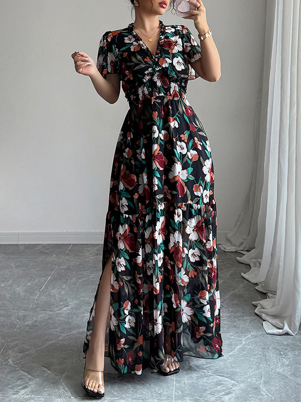 A-Line Loose Contrast Color Elasticity Flower Print Pleated V-Neck Maxi Dresses - Image 3