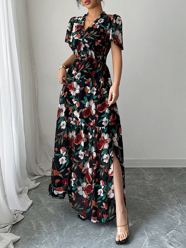 A-Line Loose Contrast Color Elasticity Flower Print Pleated V-Neck Maxi Dresses - Image 4