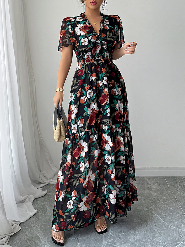 A-Line Loose Contrast Color Elasticity Flower Print Pleated V-Neck Maxi Dresses - Image 5