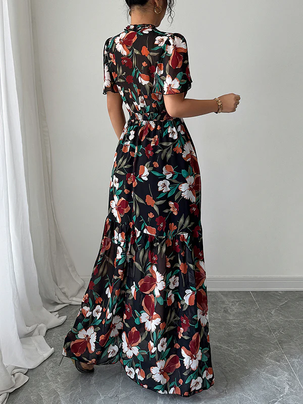 A-Line Loose Contrast Color Elasticity Flower Print Pleated V-Neck Maxi Dresses - Image 6