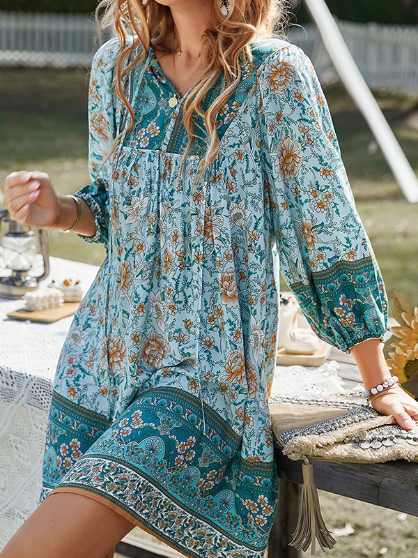 A-Line Loose Contrast Color Flower Print Pleated V-Neck Mini Dresses - Image 11