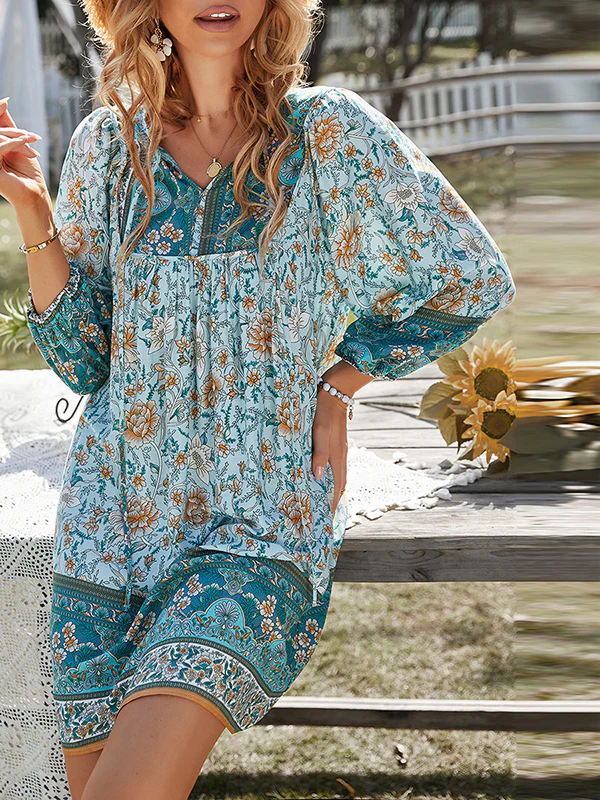 A-Line Loose Contrast Color Flower Print Pleated V-Neck Mini Dresses - Image 13