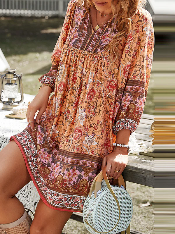 A-Line Loose Contrast Color Flower Print Pleated V-Neck Mini Dresses - Image 19
