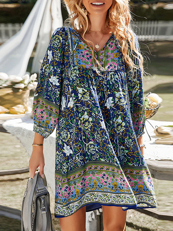 A-Line Loose Contrast Color Flower Print Pleated V-Neck Mini Dresses - Image 3