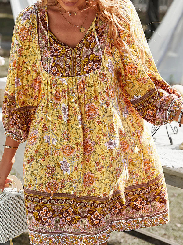 A-Line Loose Contrast Color Flower Print Pleated V-Neck Mini Dresses - Image 6
