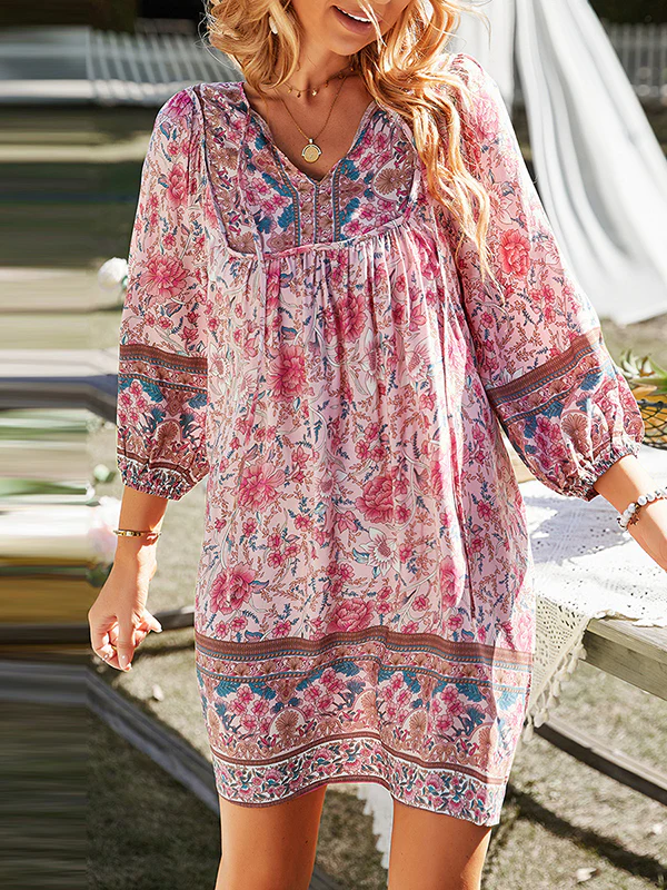 A-Line Loose Contrast Color Flower Print Pleated V-Neck Mini Dresses - Image 8