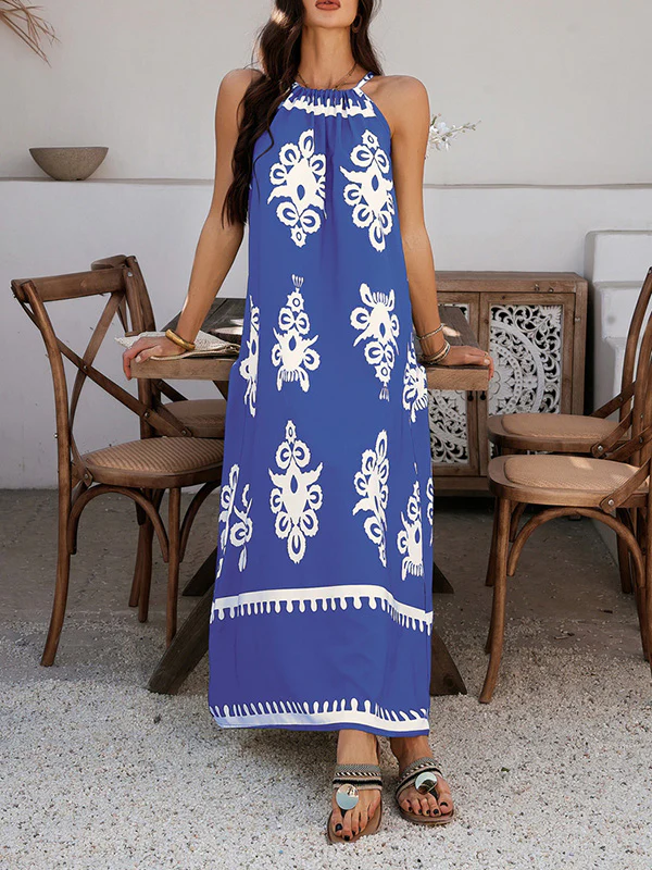 A-Line Loose Contrast Color Halter-Neck Maxi Dresses - Image 11